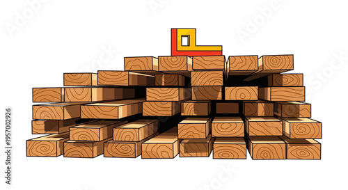 A stack of wooden planks and beams.