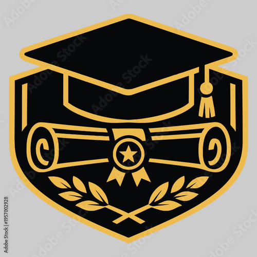 Academic achievement emblem with graduation cap and laurel wreath