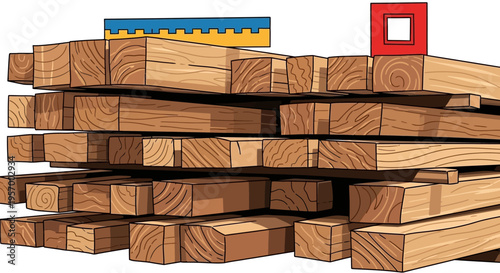 A stack of wooden planks and lumber.