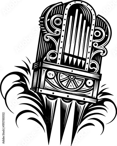 SVG dark mechanical gothic codex tattoo design vector. Vintage Music Instrument with Musical Notes in Retro Style Design
