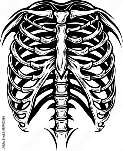 SVG dark mechanical gothic codex tattoo design vector. Detailed Artistic Illustration of a Human Rib Cage Structure