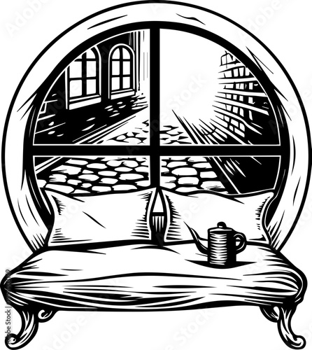 SVG dark mechanical gothic codex tattoo design vector. Cozy Window View with Vintage Couch and Street Scene Illustration