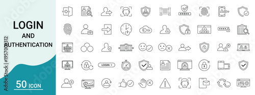 Set of 50 login and authentication line icons vector illustration of security, user access, password protection, biometric identification, and account management symbols