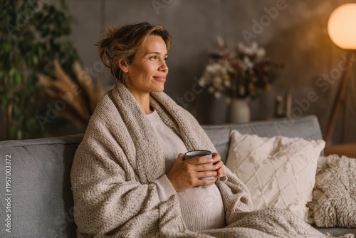 Pregnant woman sits on sofa with warm drink in cozy living room during evening relaxation time