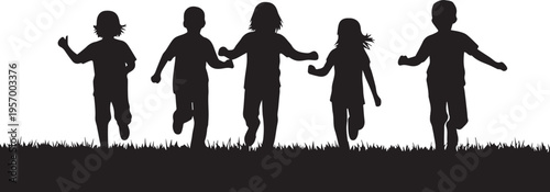 Children running in grass, outdoor fun and childhood memories vector silhouette illustration