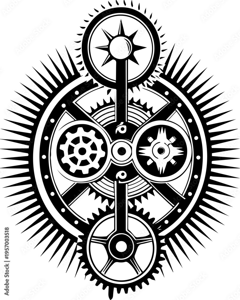 Obraz premium SVG dark mechanical gothic codex tattoo design vector. Intricate Black and White Gear Design with Sun and Spikes
