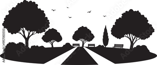 Park landscape with trees and benches silhouette vector illustration outdoor garden scenery