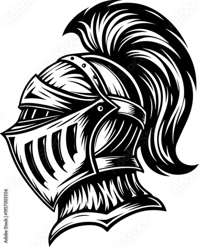 SVG dark mechanical gothic codex tattoo design vector. Detailed Illustration of a Classic Knight Helmet with Crest Design