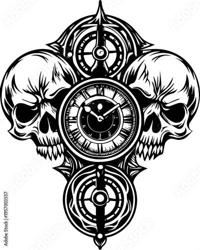 SVG dark mechanical gothic codex tattoo design vector. Intricate Black and White Skull Clock Design with Gothic Elements