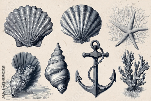 Vintage Scientific Seashell and Ocean Illustration Set Engraving Style Blue Monochrome Isolated 
