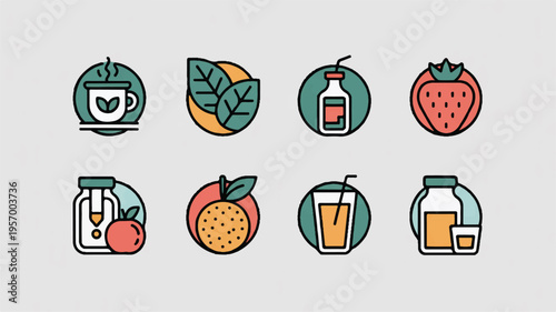 Food and drink icons with fruits and beverages