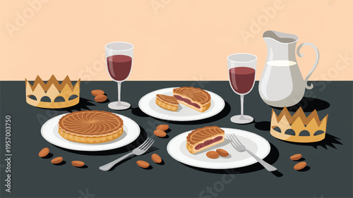 Flat lay of a luxurious dessert table with cakes wine and milk