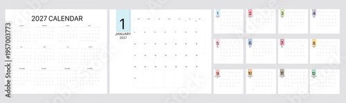Calendar 2027 Monthly template on white background. Minimalist design layout calendar week starts on Sunday. Use for New year, business, print.