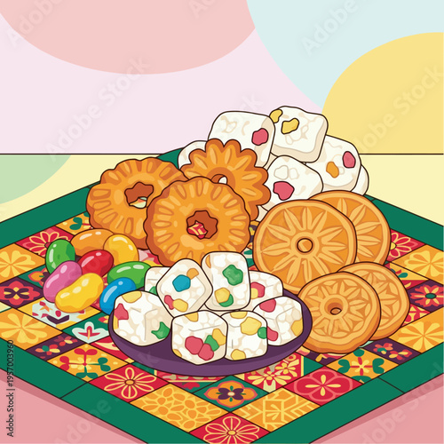 Colorful Traditional Snacks and Cookies Illustration