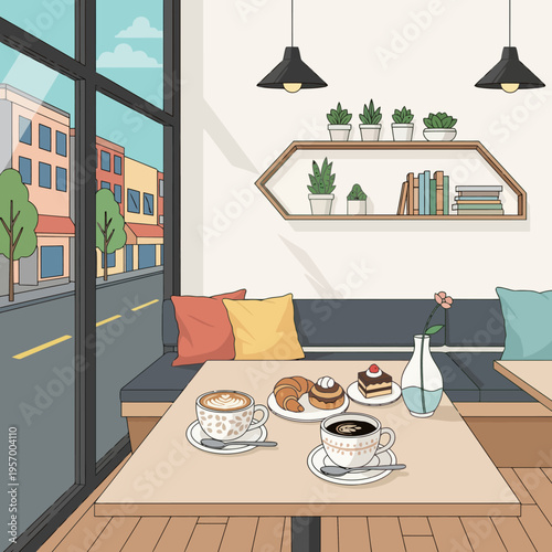 Cozy Cafe Interior with Coffee and Pastries Illustration