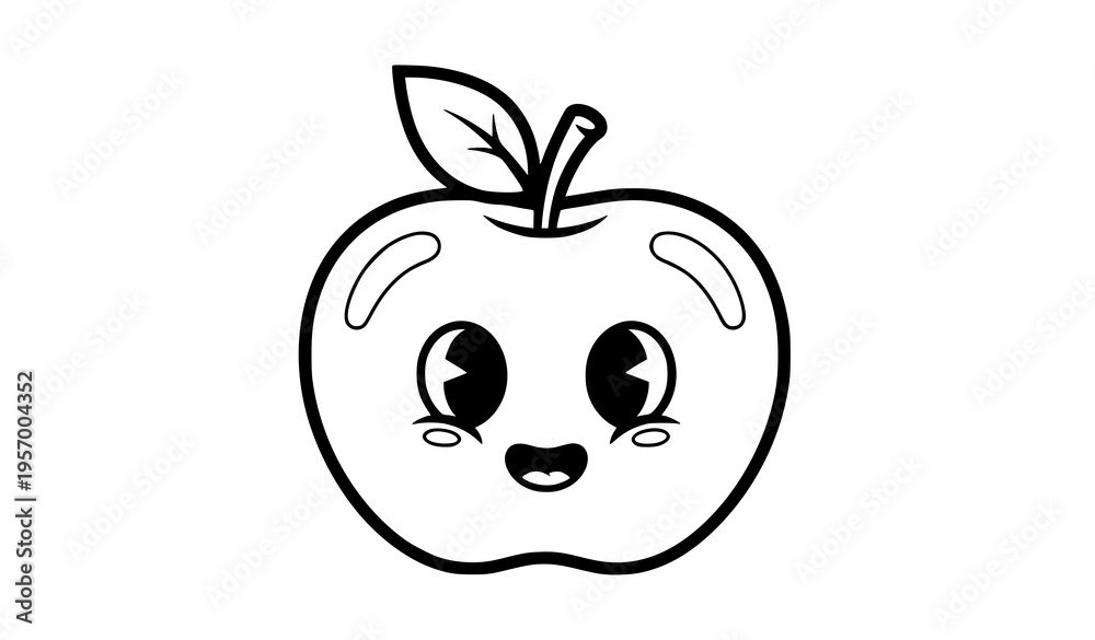Obraz premium Cute apple character coloring page monochrome comic cartoon fruit vector illustration isolated on white