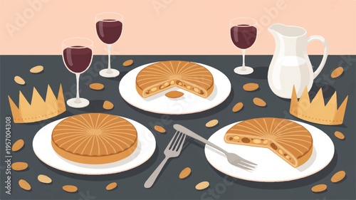 King cake with wine and almonds on table setting  festive meal