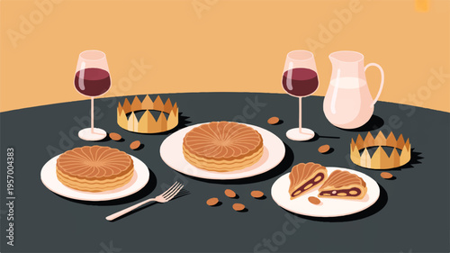 king cake with wine and milk on a table