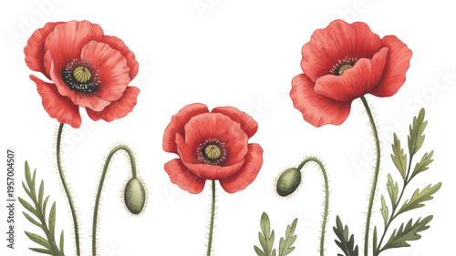 red poppies and buds with green stems and leaves isolated on transparent background