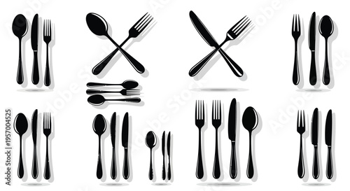 Collection of flatware including spoons forks and knives in black silhouette