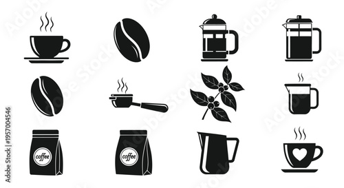 Coffee elements including beans pots and cups in a dark silhouette