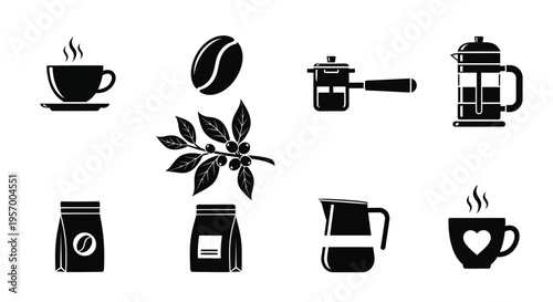 Coffee elements including beans cups and brewing equipment black silhouette