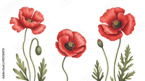 red poppy flowers with green stems and leaves isolated on white background