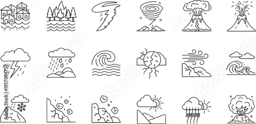 Natural Disaster and Extreme Weather Line Art Icons Set