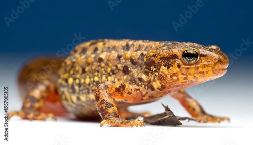 Close-up of a Spotted Newt with Orange Belly on White Surface.