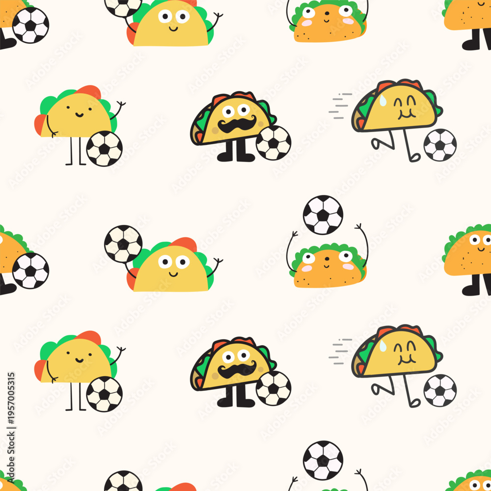 Obraz premium Cute Taco Characters Playing Soccer Seamless Pattern. Colorful Flat Minimal Sport Design on White Background.