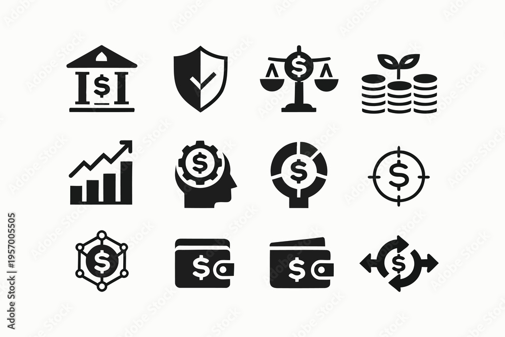 Fototapeta premium Collection of twelve icons representing various financial and economic concepts