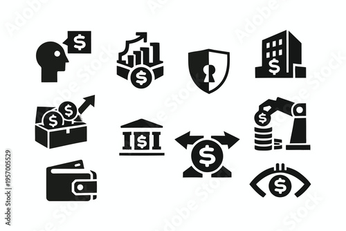 Icons representing various aspects of modern financial management and investment