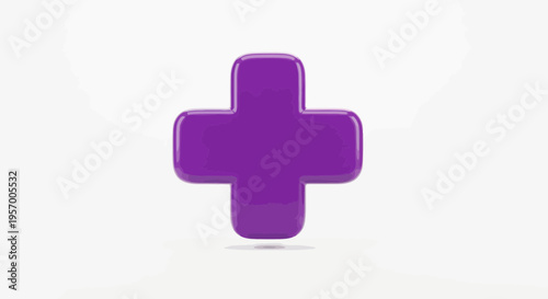 A vibrant, glossy purple three-dimensional plus sign stands out against a stark white background, representing addition, positivity, or medical care.