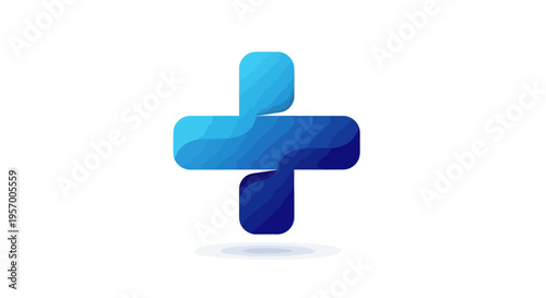 A sleek, three-dimensional plus sign with a blue gradient stands upright on a clean white background, conveying concepts of modern healthcare and digital solutions.