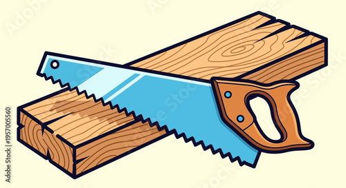 A handsaw cutting through wooden planks.
