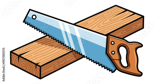 A handsaw cutting through a plank.