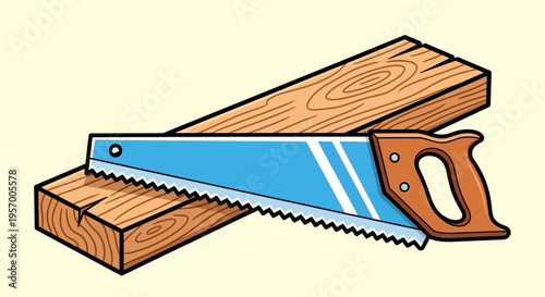 A blue handsaw cutting through wood.