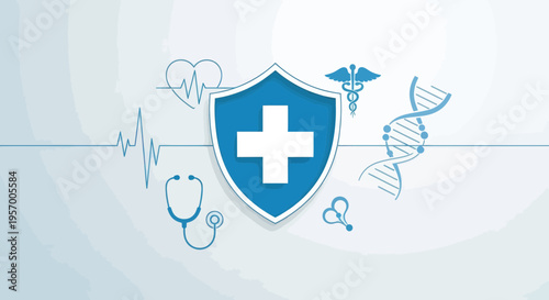 A prominent blue shield with a white medical cross stands at the center, surrounded by various outlined medical and scientific icons against a light blue background.