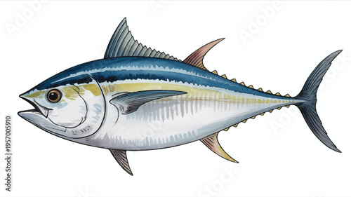 Yellowfin tuna fish with blue and yellow stripes on its body side profile