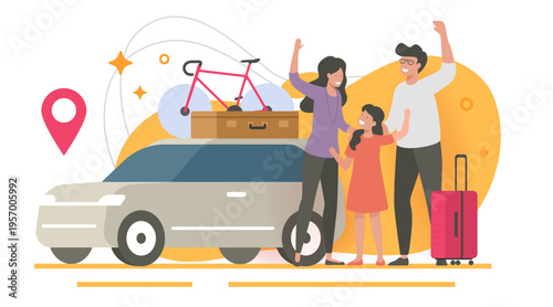 Happy family preparing summer road trip vector modern illustration minimal graphic design, parents with children near car vehicle, bicycle and travel suitcases as vocation adventure together clip art
