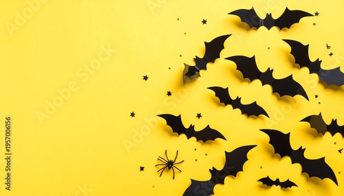 Halloween Black Bats Flying on Yellow Background.