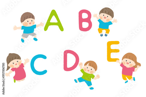 アルファベットと子どもたちの教育イラストセット