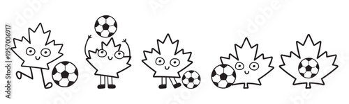 Collection of cute maple leaves characters with soccer balls. Outline Vector Illustrations. Best for Kids Sport Events,  T-shirt Design.