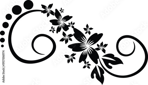 Abstract black and white floral design with leaves swirls and ornate patterns