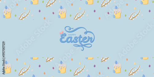 Festive Happy Easter design with blue text and butterfly on light blue background, surrounded by decorated cakes, colorful eggs, and pussy willow branches, cheerful seasonal holiday pattern