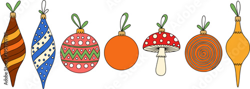 Christmas Ornament Illustration Set with Hand Drawn Decorative Baubles and Festive Holiday Elements in Colorful Flat Style for Seasonal Design, Greeting Cards, and Winter Graphics