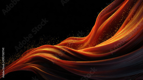 Fiery Flow: A mesmerizing dance of vibrant orange and red hues, creating a dynamic and fluid abstract composition that evokes feelings of energy, passion, and transformation against a dark background.