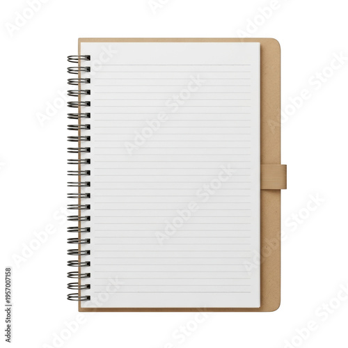 A brown spiral notebook with a blank lined page isolated on transparent background