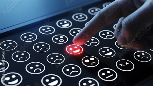 Customer experience rating with finger selecting a glowing red happy emoji on a dark digital screen