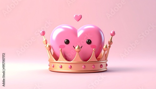 Cute Pink Hearts Wearing a Golden Crown on a Pink Background.